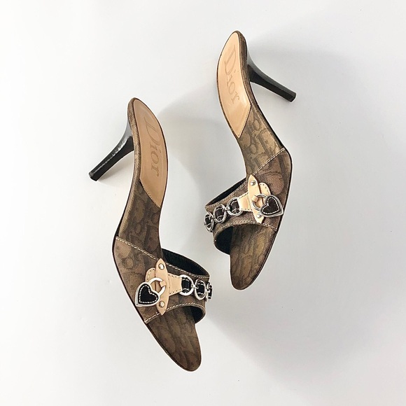 Dior AW2006 John Galliano Retro Vintage Heart Charm Oblique Slip On Mules 39.5 - Picture 3 of 6